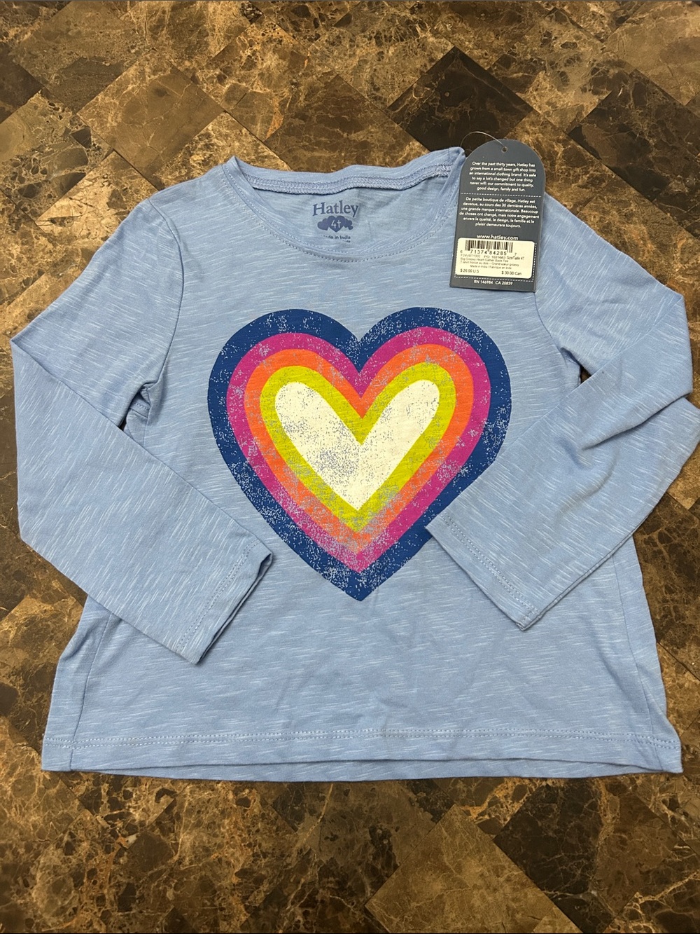 NWT 🆕 Hatley Light Blue Long Sleeve Top with Rainbow Heart Graphic 4T 100% cotto